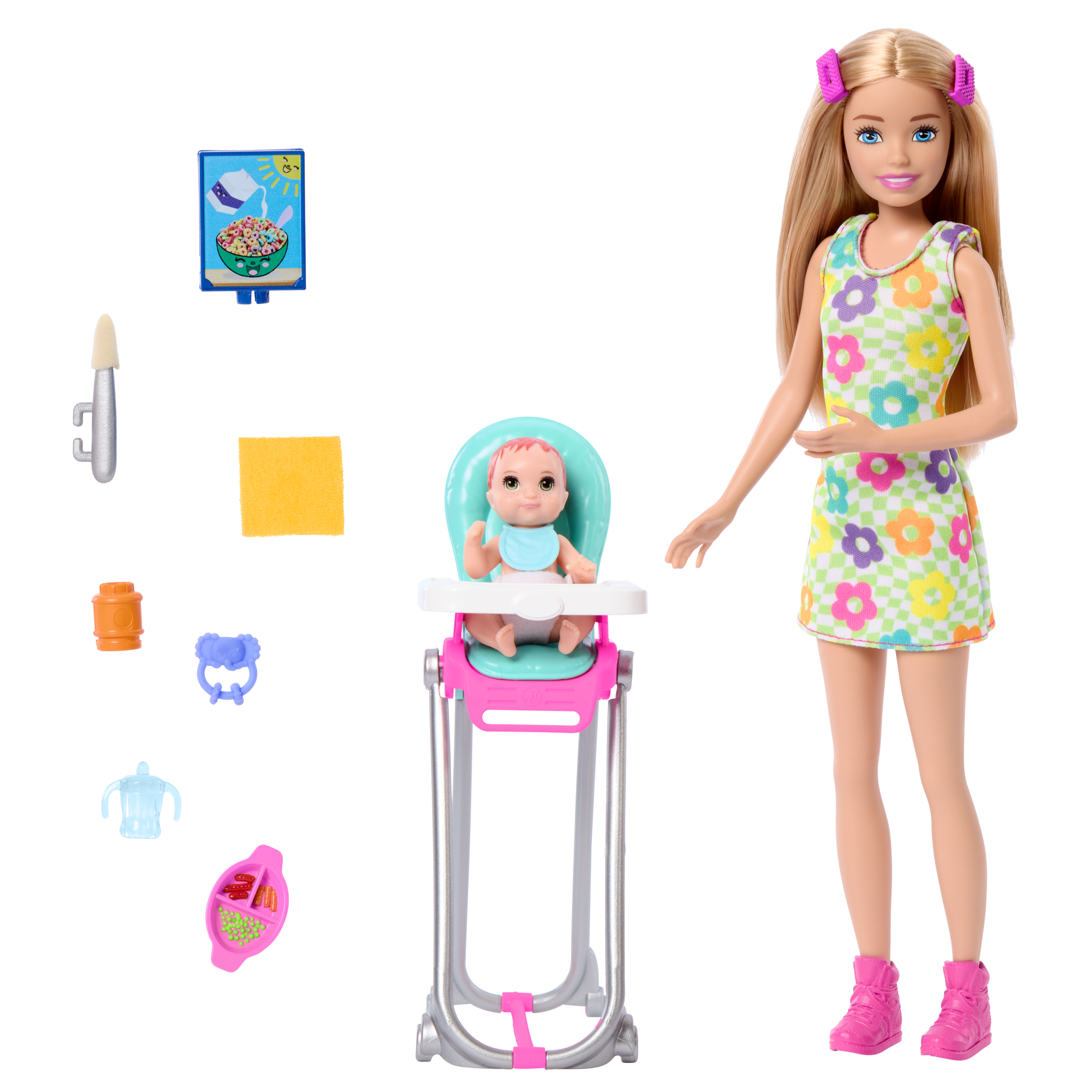 ברבי סקיפר מארז בייביסיטר כולל תינוק וכיסא אוכל